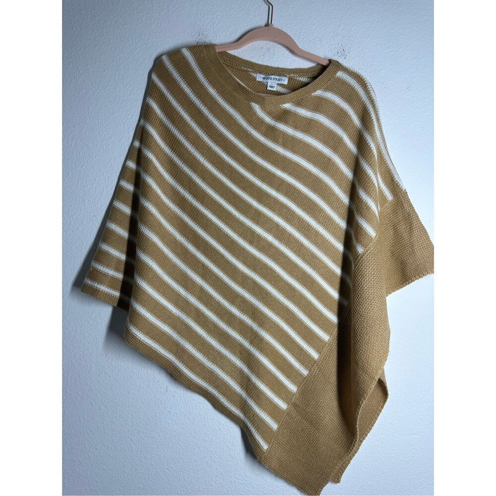 99 Jane Street Bohemian Poncho Sweater Women Size L Stripes Tan White